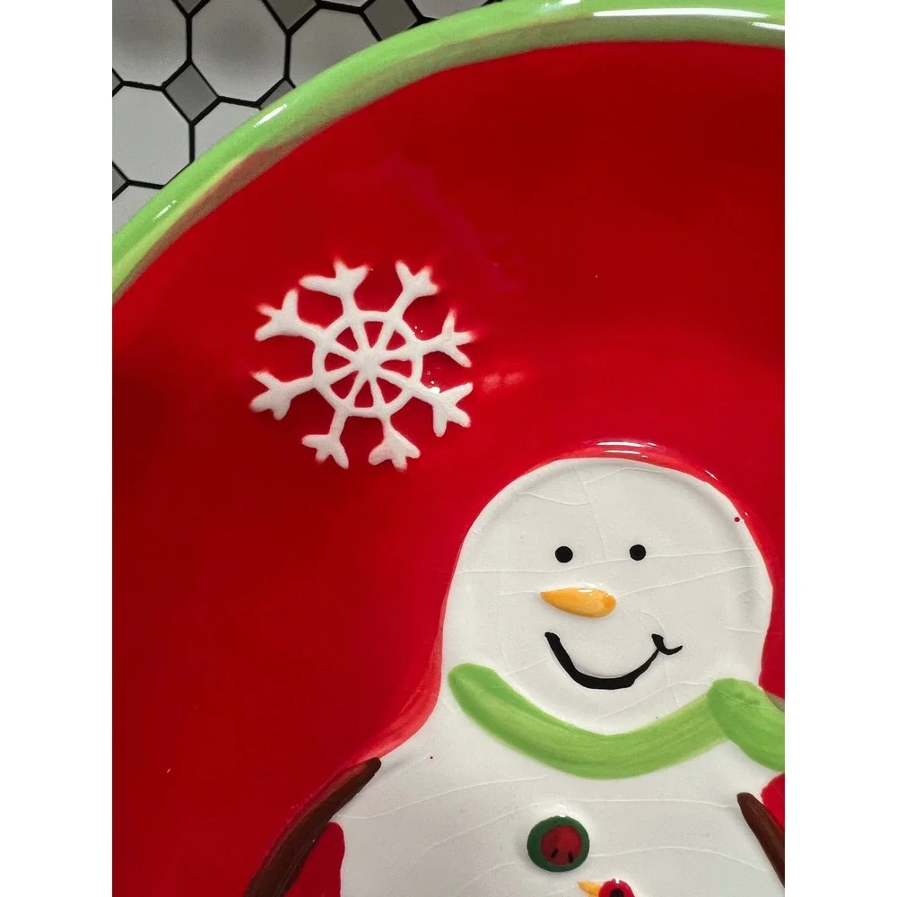 DEI Christmas Snowman Ceramic Serving Platter with Metal Display Stand Red 12in